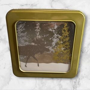 Holiday Time gold square window Tin with lid moose winter scene 7x7.25 inch